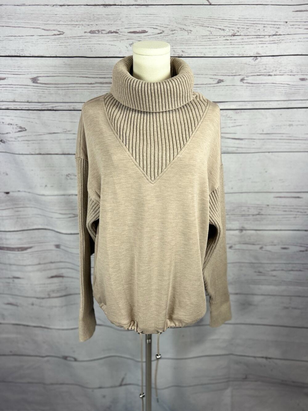 Varley DoubleSoft Hannah Cowl Neck Sweatshirt Taupe Marl Women’s Medium